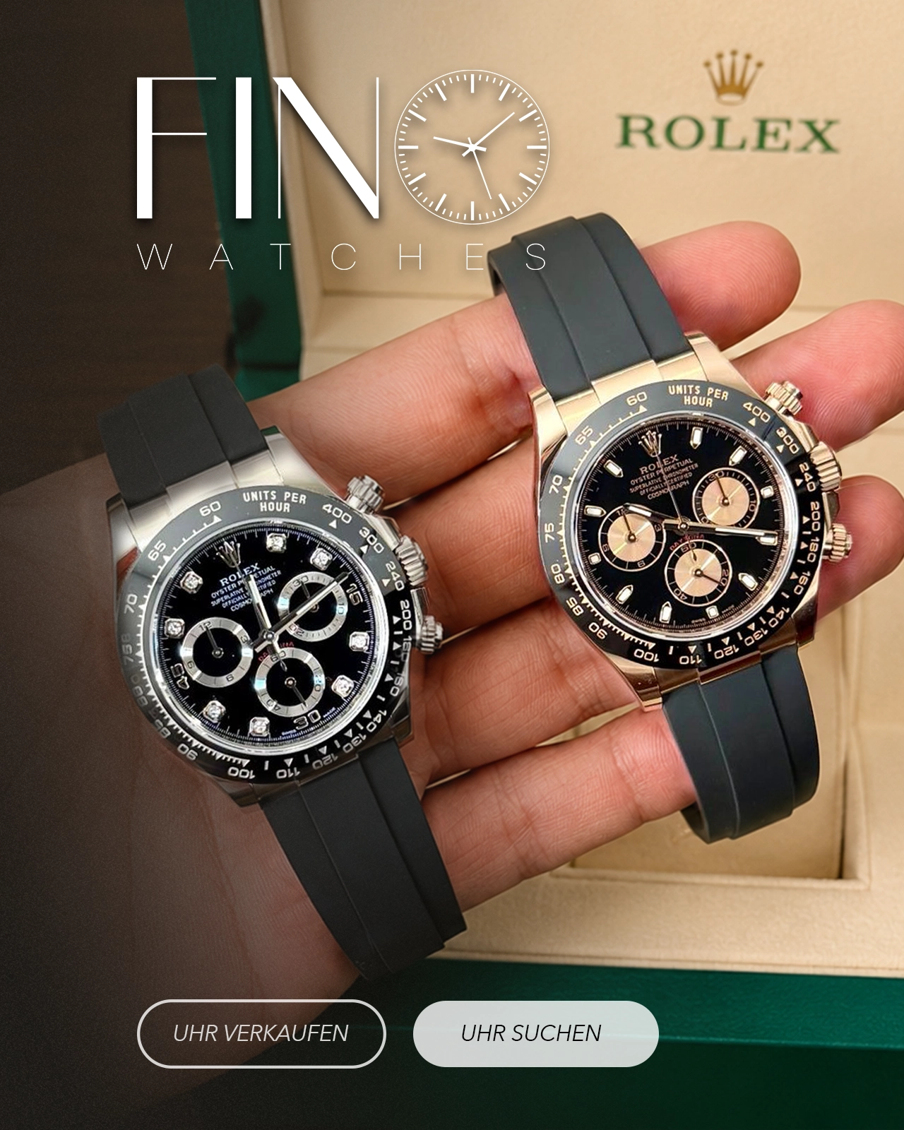 Zwei Rolex Daytona Chronographen in der Hand
