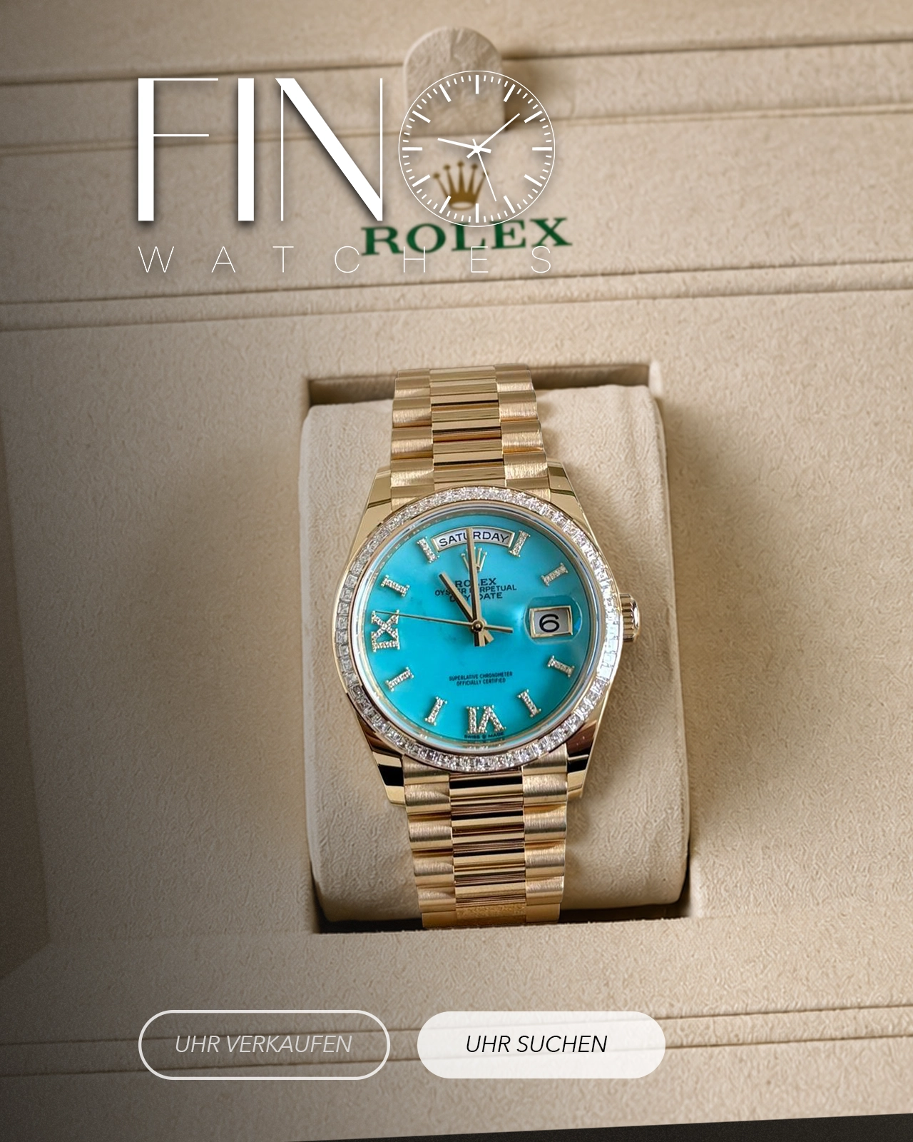 Rolex Day-Date mit türkisfarbenem Zifferblatt in der Box
